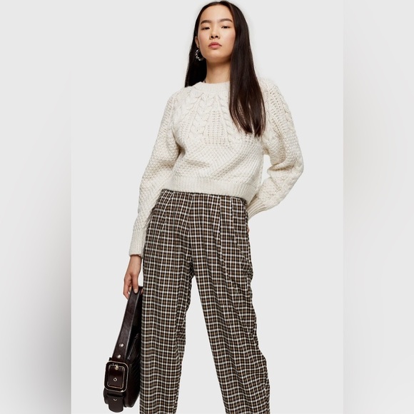TOPSHOP High Waisted Brown Black Plaid Ankle Trouser Pants | Wide Tapered Leg - Picture 2 of 12